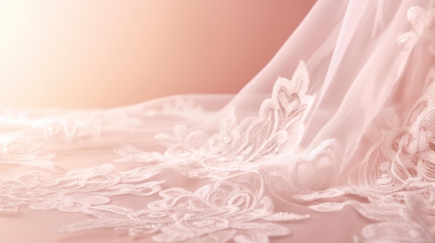 Um close-up de um vestido de noiva com laços e um fundo rosa.