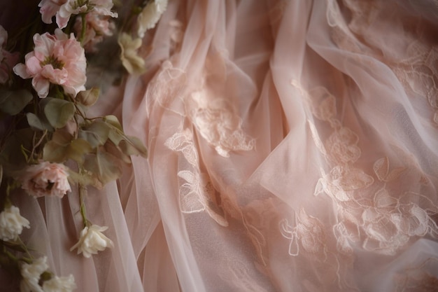 Um close-up de um vestido rosa com um buquê de flores
