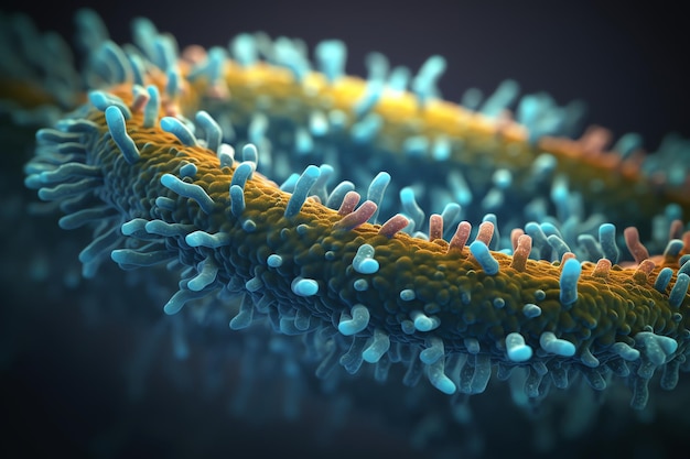 Um close-up de um vírus que é azul e amarelo.