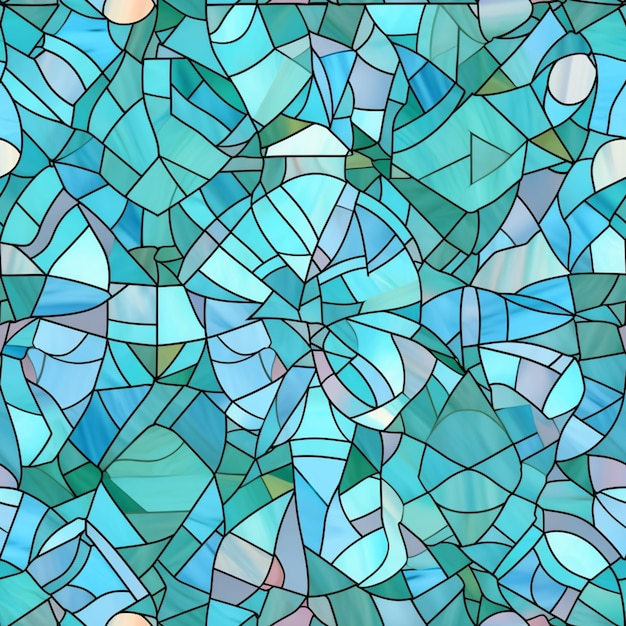 Foto um close-up de um vitral com muitas cores azuis e verdes