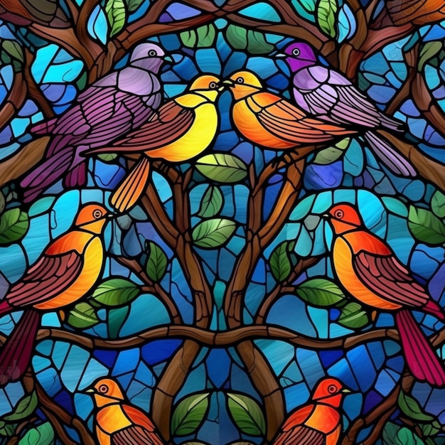 Um close-up de um vitral com pássaros nele generativo ai