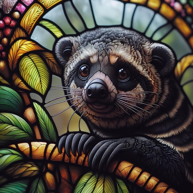 Um close-up de um vitral com um binturong