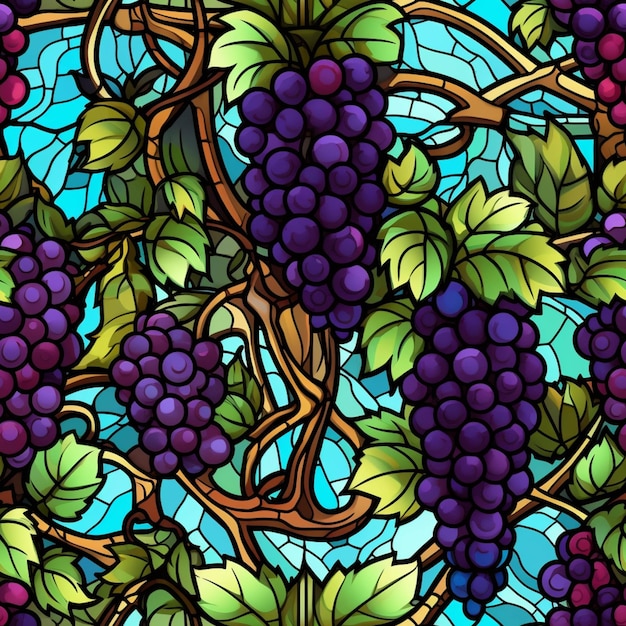 Um close-up de um vitral com um cacho de uvas generative ai