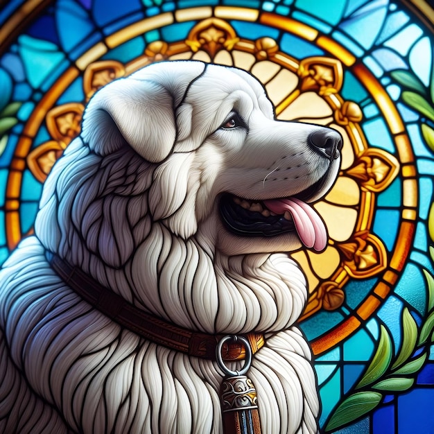 Um close-up de um vitral com um cão akbash