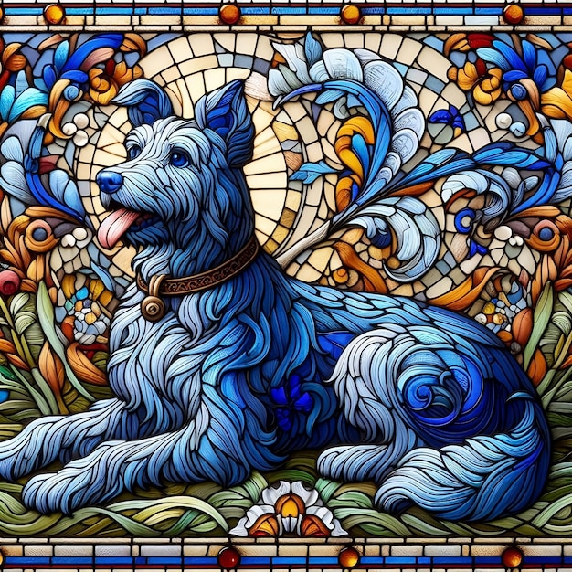 Um close-up de um vitral com um cão de renda azul