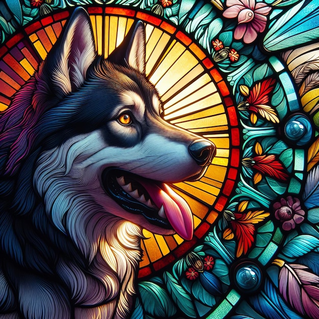 Um close-up de um vitral com um cão-lobo da Tchecoslováquia