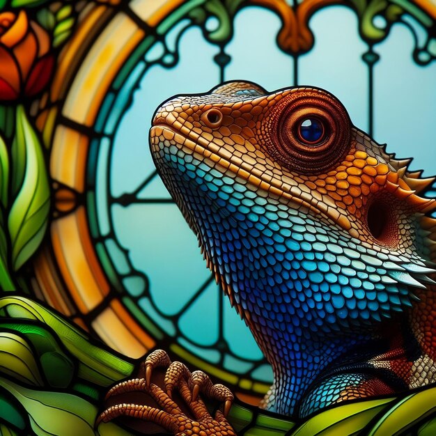 Um close-up de um vitral com um lagarto agama