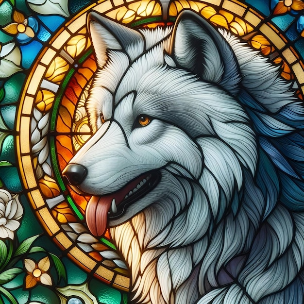 Um close-up de um vitral com um lobo ártico