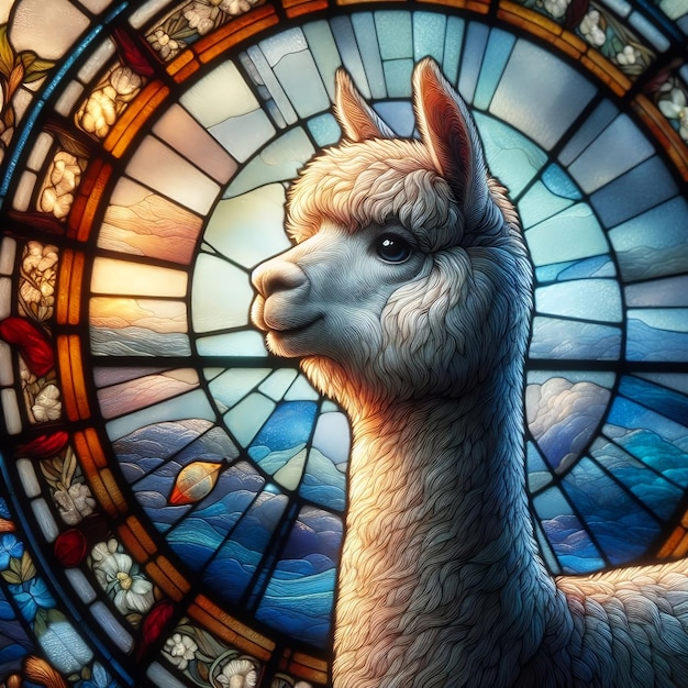 Um close-up de um vitral com uma alpaca