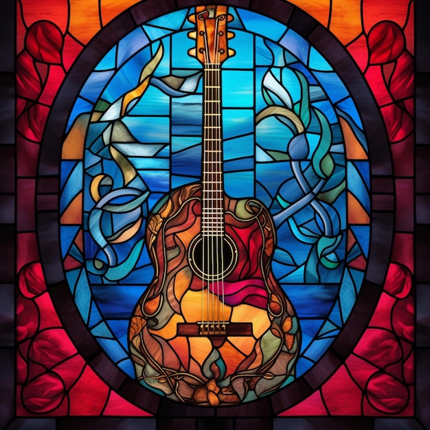 Um close-up de um vitral com uma guitarra generativa ai