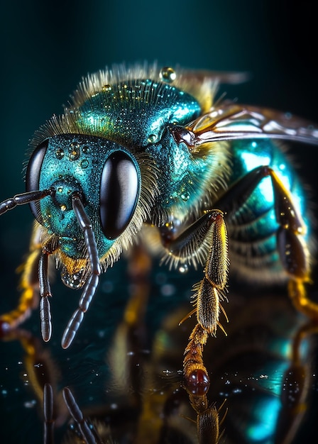 Um close-up de uma abelha azul com um fundo preto