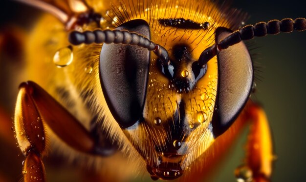 Um close-up de uma abelha com gotas de água em seu rosto