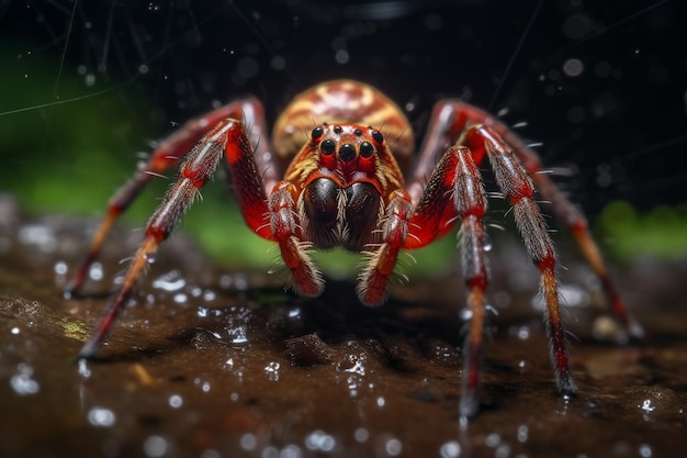 Um close-up de uma aranha com uma cabeça vermelha e pernas generativas ai