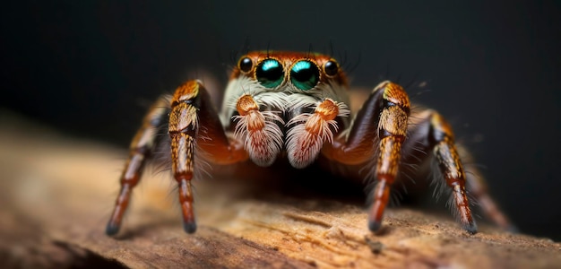 Um close-up de uma aranha saltadora com um fundo escuro