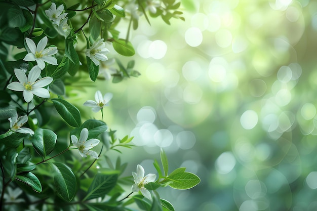 Um close-up de uma árvore com flores brancas e folhas verdes