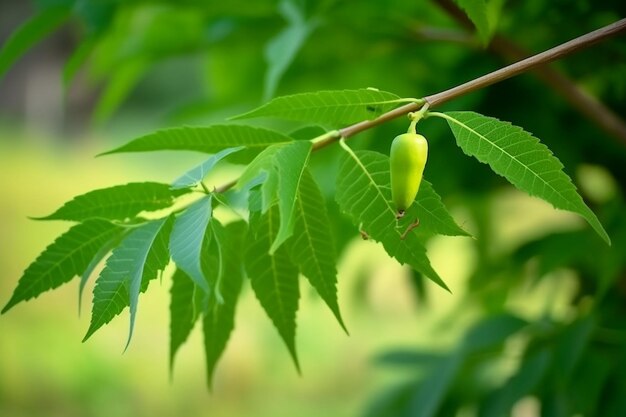 Foto um close-up de uma árvore com folhas verdes e uma folha verde