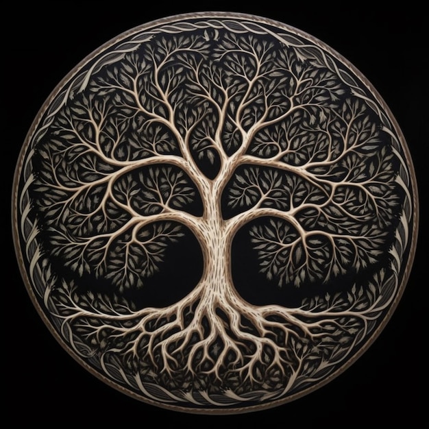 Um close-up de uma árvore da vida em um fundo preto generativo ai