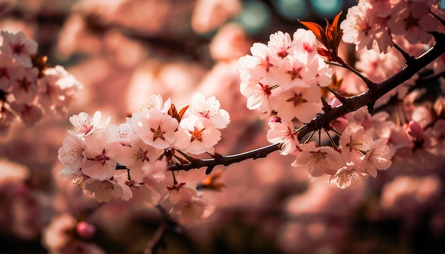 Um close-up de uma árvore de cerejeira com flores cor de rosa