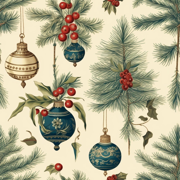 um close-up de uma árvore de Natal com ornamentos e folhas de holly generativo ai