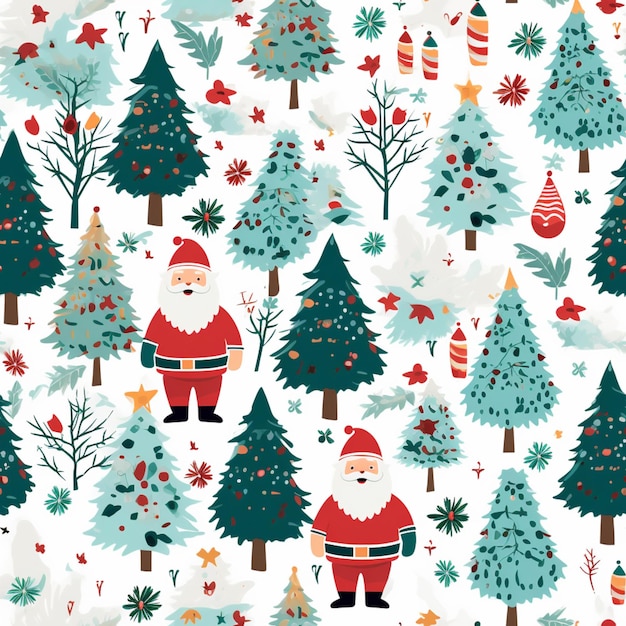 Um close-up de uma árvore de Natal com Papai Noel e outras árvores generativa ai