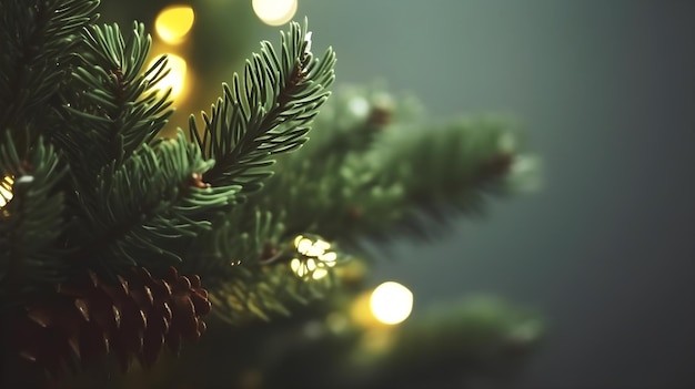 Um close-up de uma árvore de natal com um fundo verde e luzes.