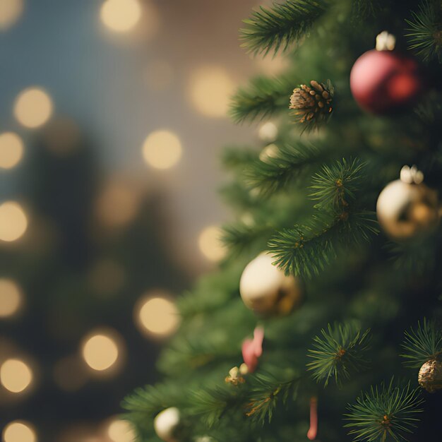 Foto um close-up de uma árvore de natal com uma bola rosa e uma bola de ouro sobre ele