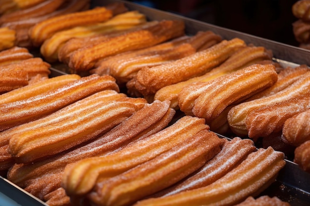 Um close-up de uma bandeja de donuts IA generativa