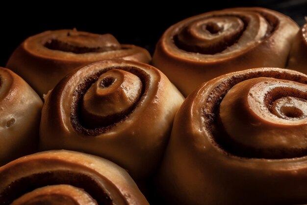 Um close-up de uma bandeja de pães de canela