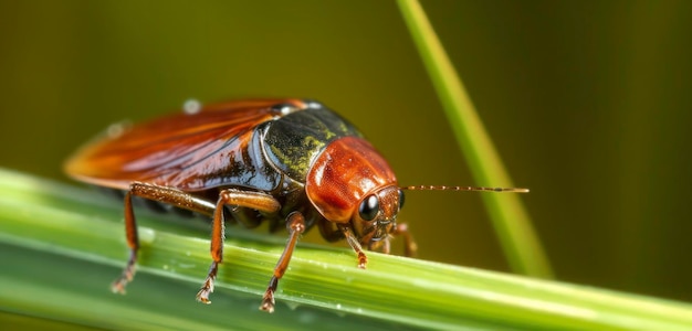 Um close-up de uma barata com uma faixa vermelha na cabeça