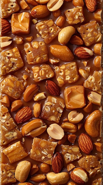 Foto um close-up de uma barra de chocolate com amendoim caramelo e nozes no topo criando um deleite crocante e nutty