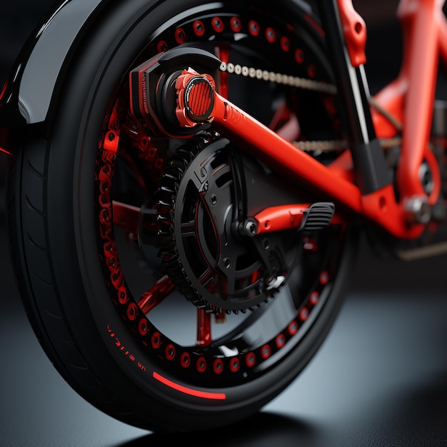 Um close-up de uma bicicleta com um freio vermelho e leme de carbono