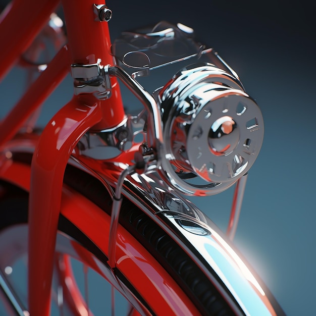 Um close-up de uma bicicleta com um freio vermelho e leme de carbono