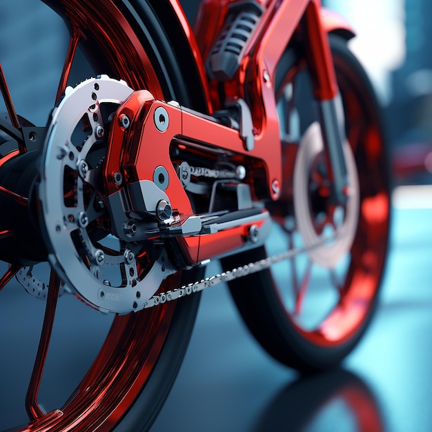 Um close-up de uma bicicleta com um freio vermelho e leme de carbono