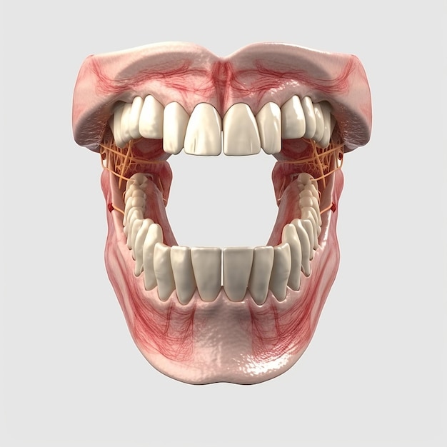 Um close-up de uma boca com o lábio superior e o maxilar inferior mostrando os dentes isolados em branco