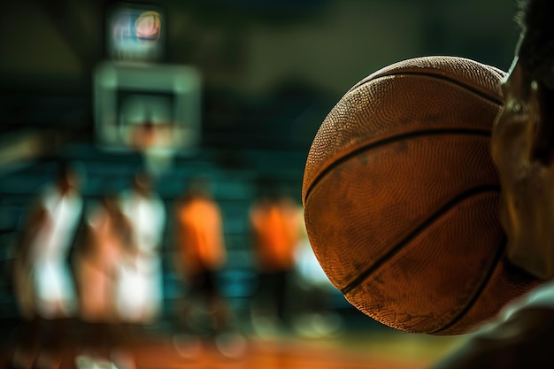 Um close-up de uma bola de basquete em uma quadra