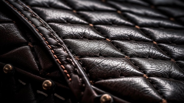 Um close-up de uma bolsa de aba preta com costura dourada.
