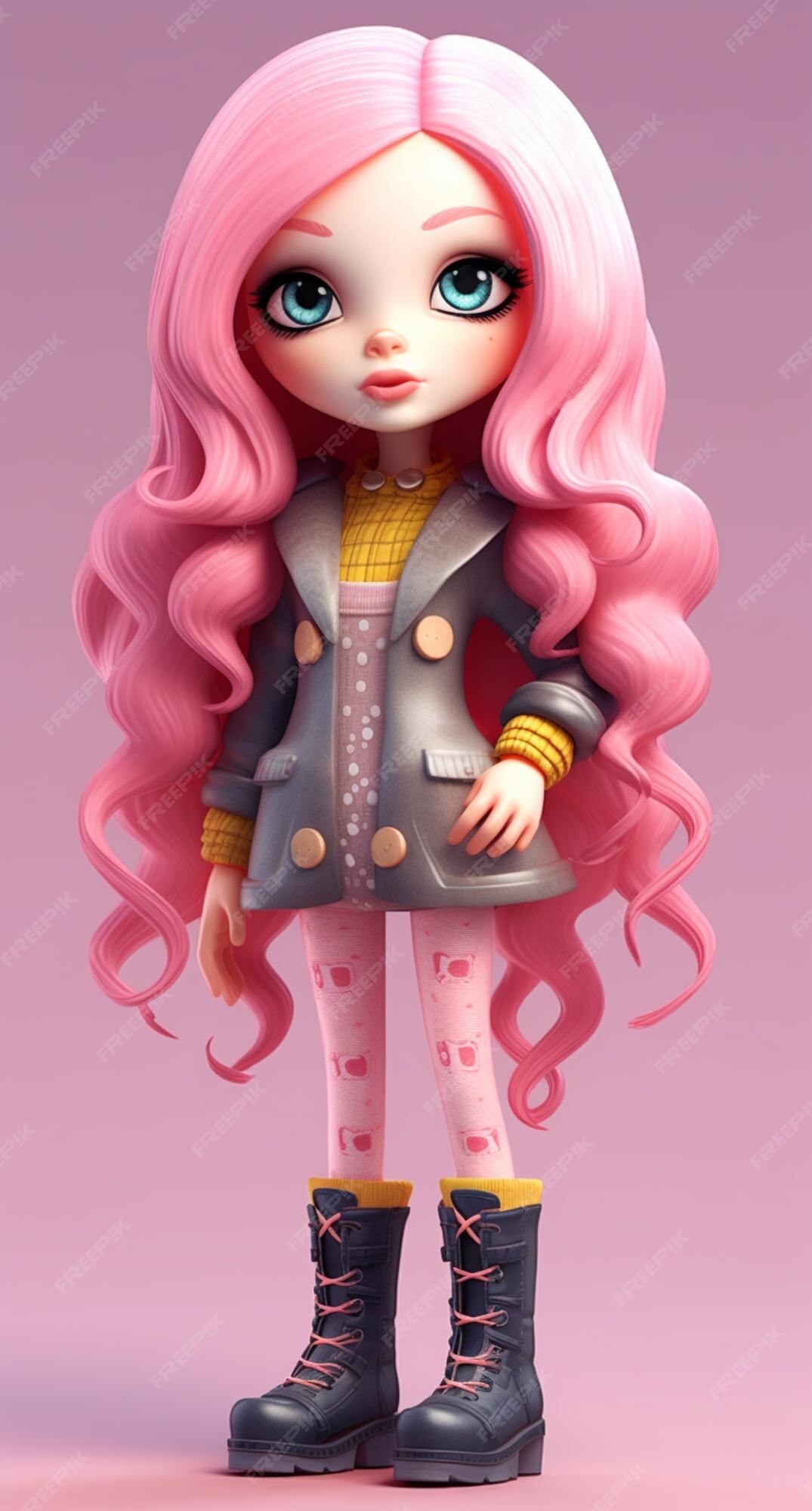 Cabelo longo rosa de menina bonita e bonita com desenho de boneca  ilustração de personagem de desenho animado 2294193 Vetor no Vecteezy