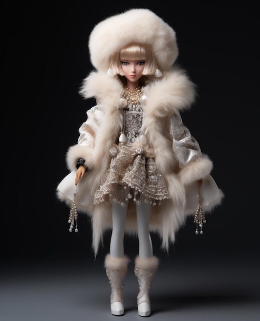 um close-up de uma boneca vestindo um casaco de pele e sapatos brancos