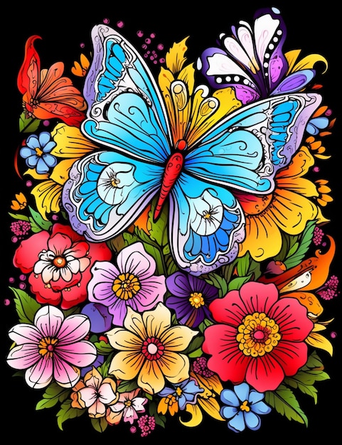 Um close-up de uma borboleta colorida cercada por flores
