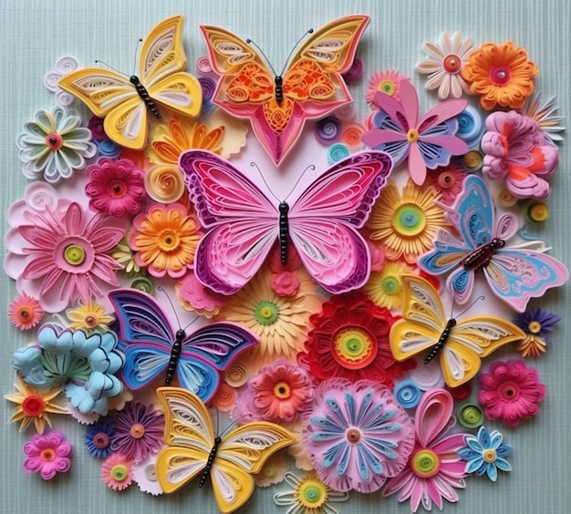 um close-up de uma borboleta de papel colorido cercado por flores generativo ai