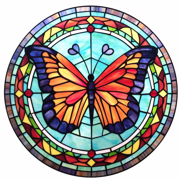 um close-up de uma borboleta de vitrais em um círculo generativo ai