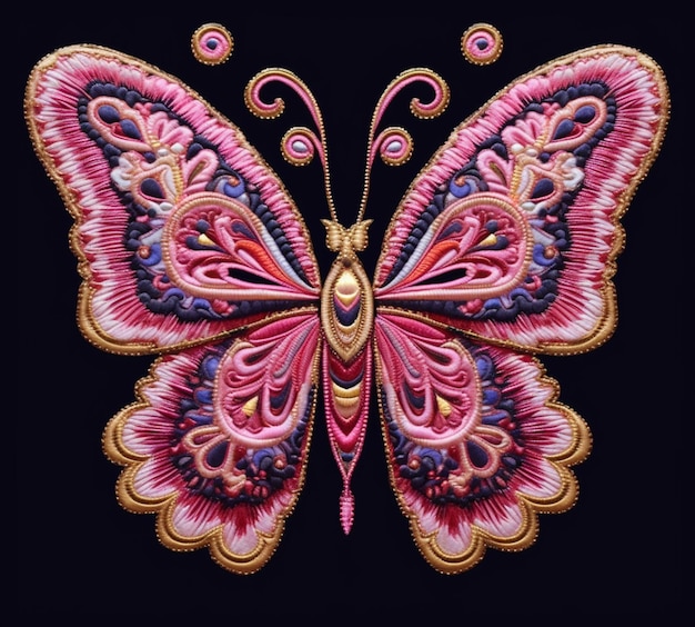 Um close-up de uma borboleta rosa e ouro com asas redemoinhos generative ai