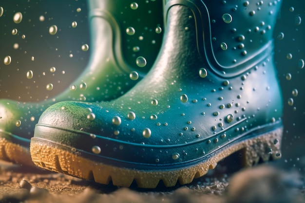Um close-up de uma bota de chuva azul com gotas de chuva