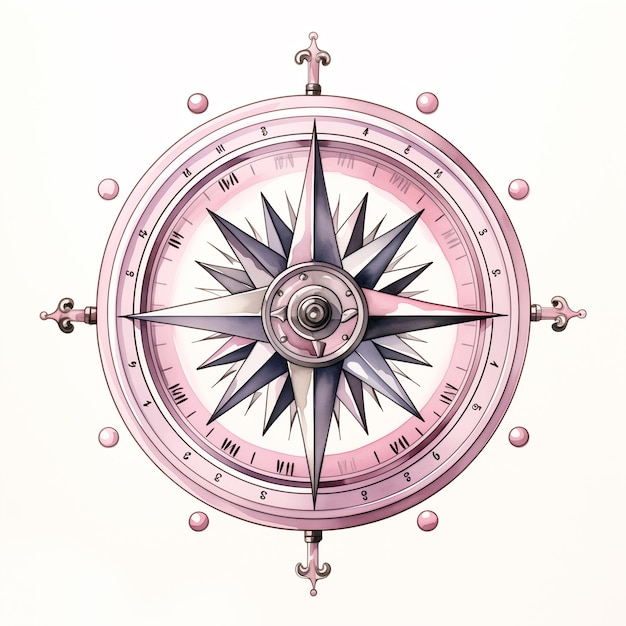 Foto um close-up de uma bússola rosa e prateada com um fundo branco generativo ai