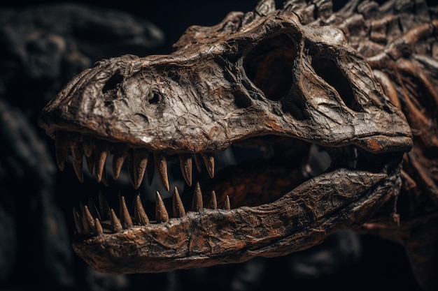 Foto um close-up de uma cabeça de dinossauro com a palavra 't' na frente