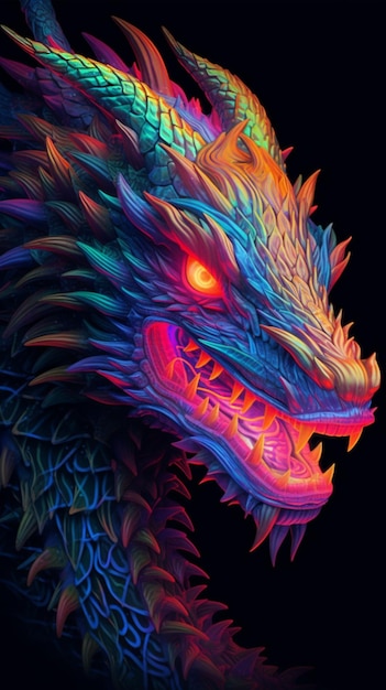 um close-up de uma cabeça de dragão colorida com olhos brilhantes ai generativo