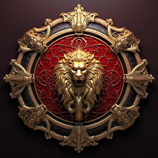 Um close-up de uma cabeça de leão dourado em uma parede vermelha e preta