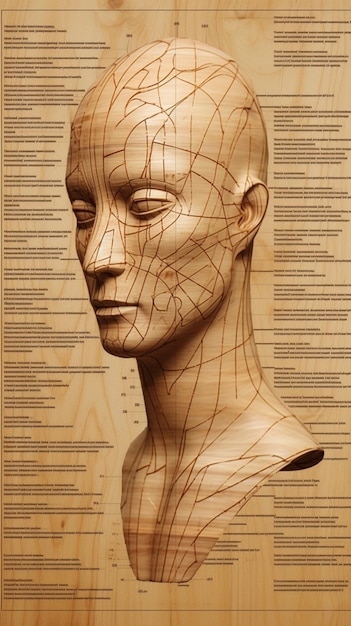 Um close-up de uma cabeça de madeira com uma linha desenhada sobre ela