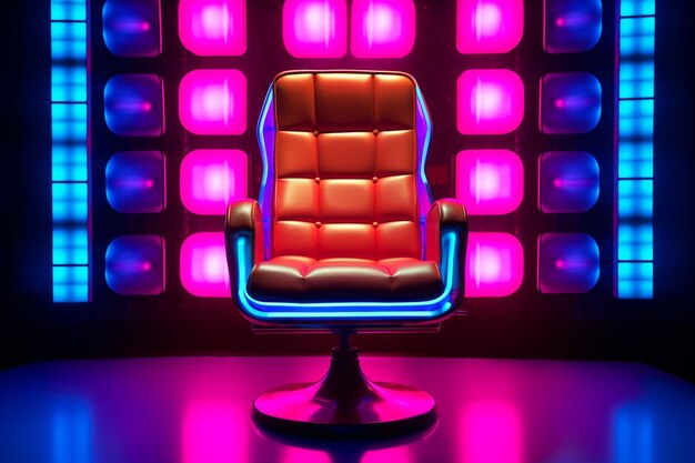 Foto um close-up de uma cadeira de jogos com um fundo de néon