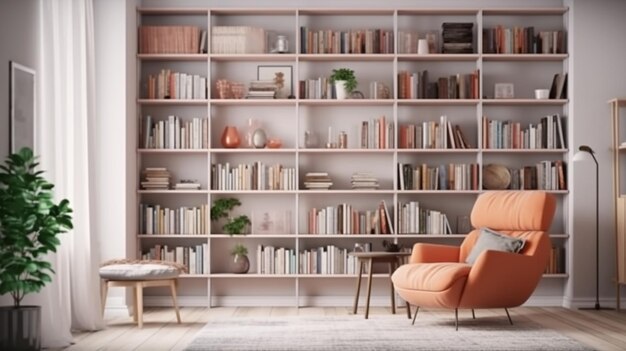 Um close-up de uma cadeira em uma sala com uma prateleira de livros